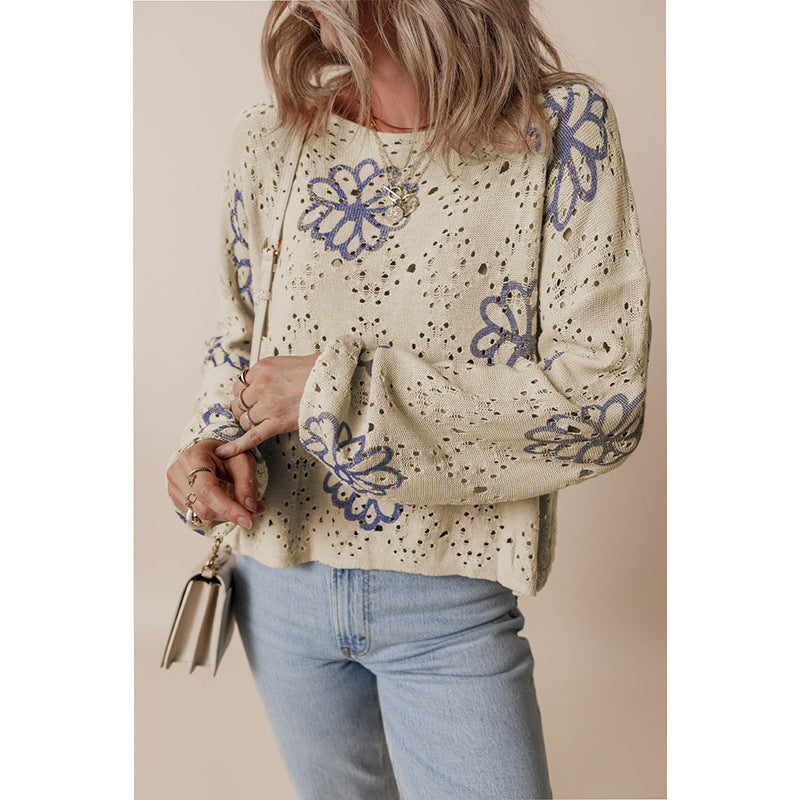 Winter Floral Print Short Sweater Women Cool Hollow Out Cutout Off Shoulder Sweater Women