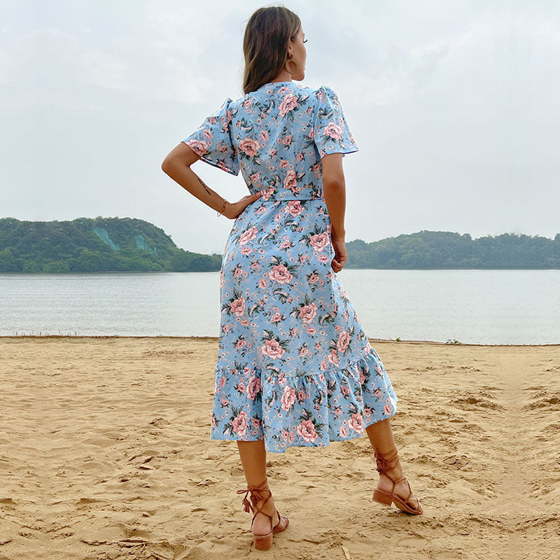 Vestido cruzado elegante con cordones para mujer para vacaciones en la playa de verano