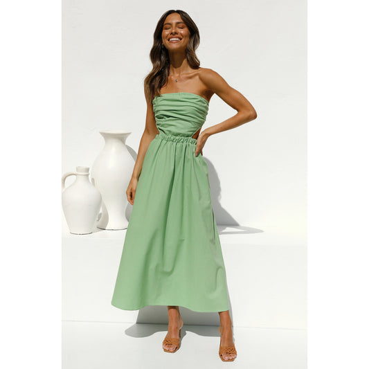 Sundress Maxi Primavera Verano Sin Tirantes Sexy Moda Color Sólido Vestido Envuelto En El Pecho