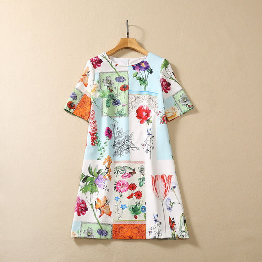 Robe à imprimé floral multicolore à col rond et manches courtes