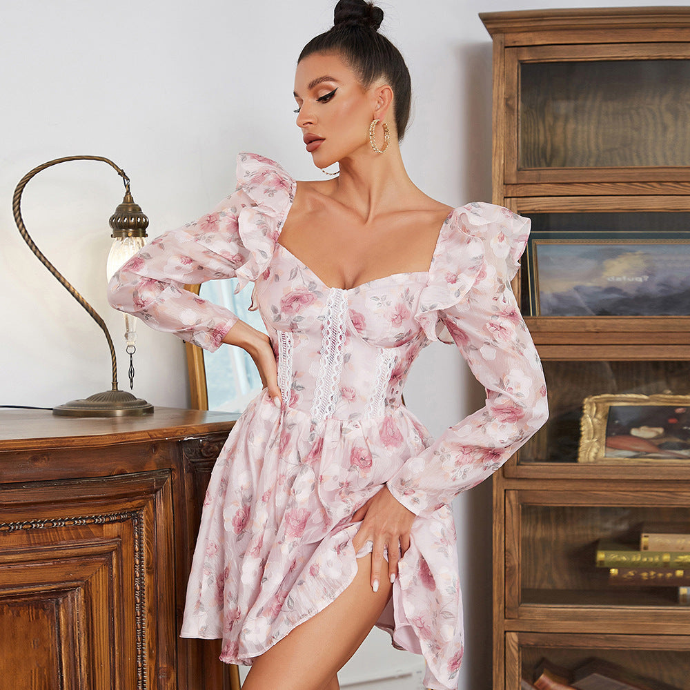 Robe d'été sexy rétro col en V à manches longues imprimé floral sur le côté grande robe trapèze pour femmes