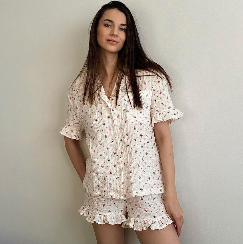 Top de tubo con estampado Floral de algodón puro para verano, pantalones cortos de manga corta, traje de tres piezas con volantes, ropa de casa para mujer