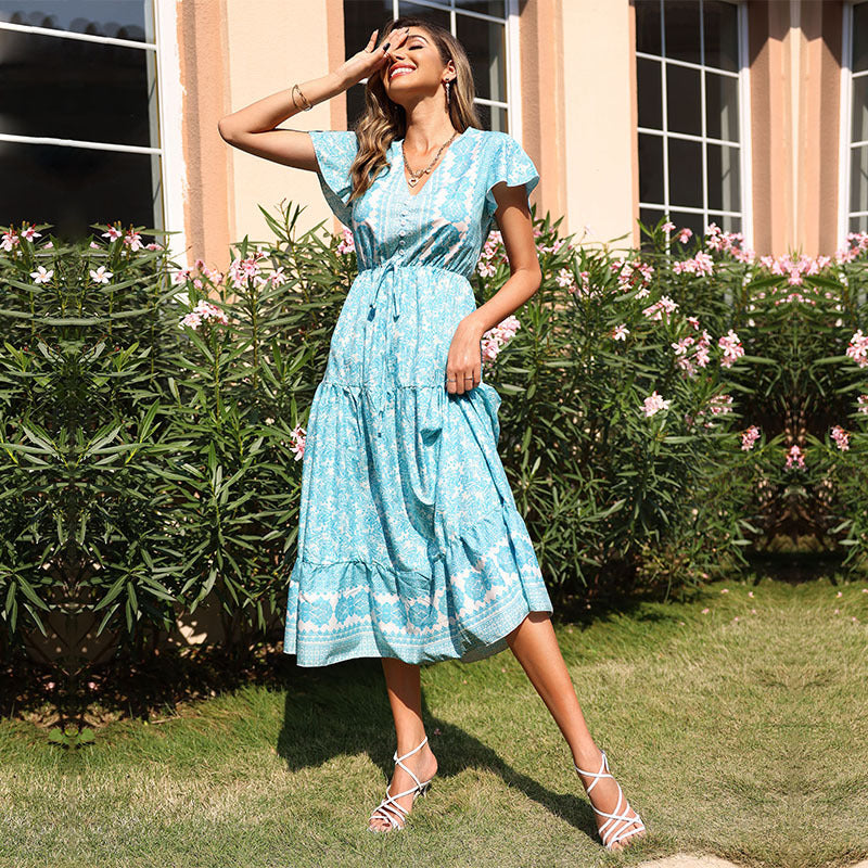 Vestido de verano ajustado de largo medio con estampado floral para mujer