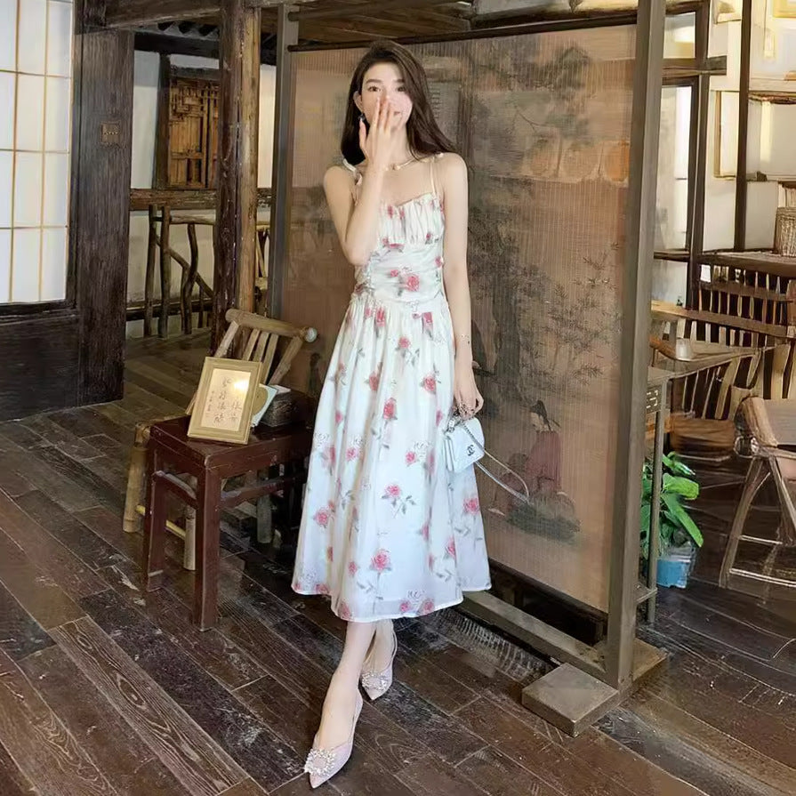 Floral Slip Dress Waist Slimming Seaside Vacation Mid-length Dress