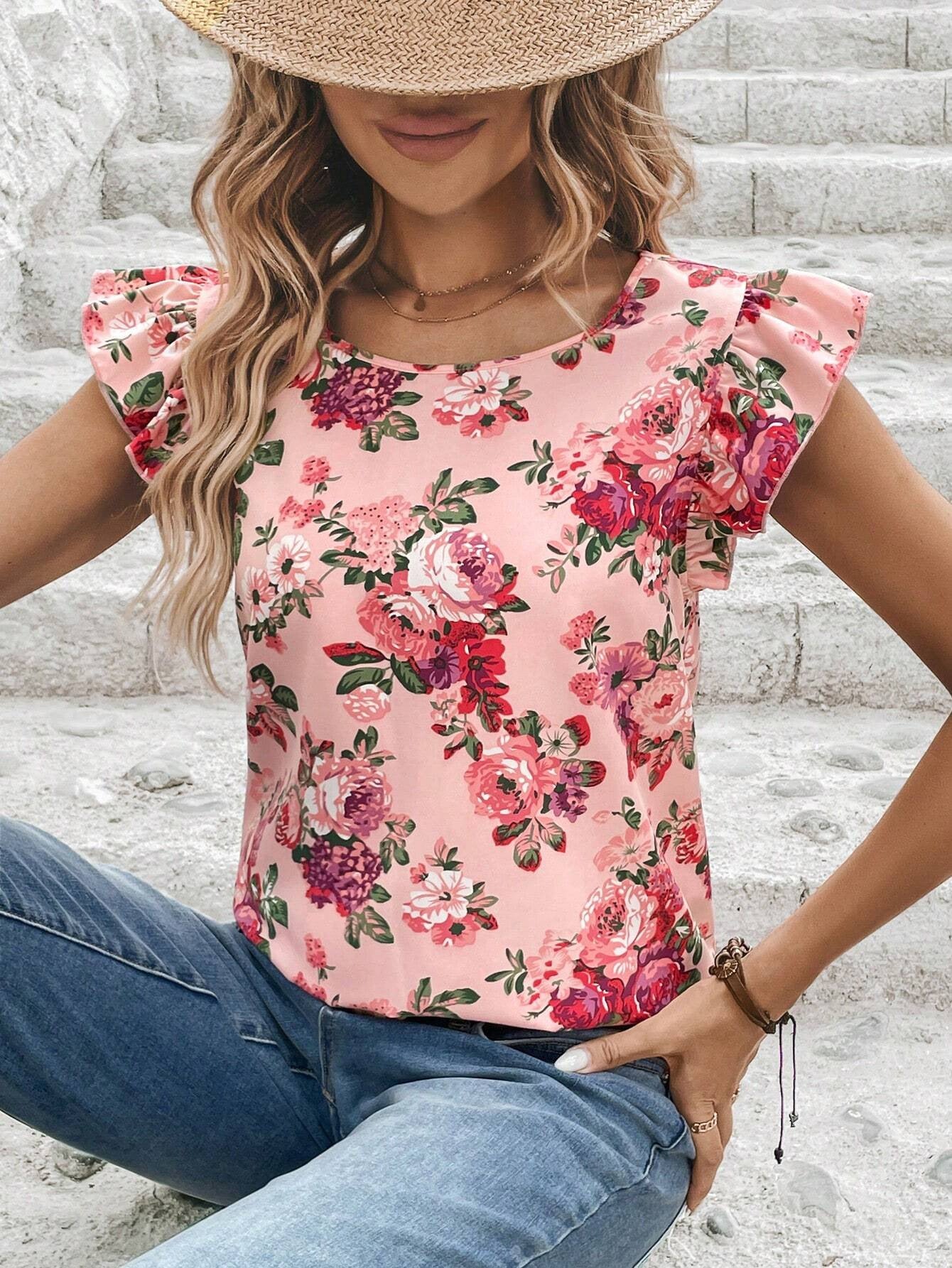 Camisa de mujer de manga corta con estampado floral de verano