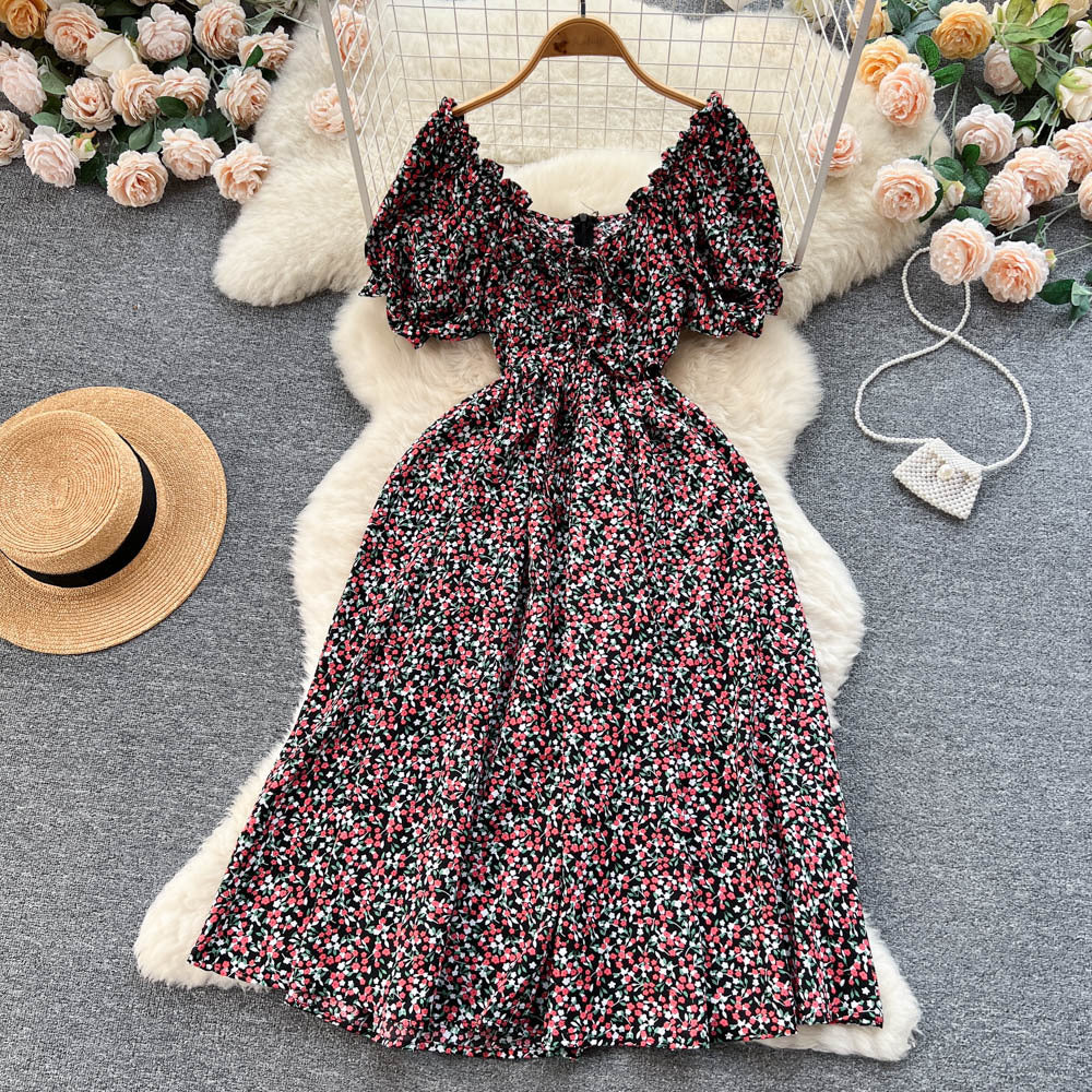 Robe florale rétro à col en V et manches courtes pour femmes