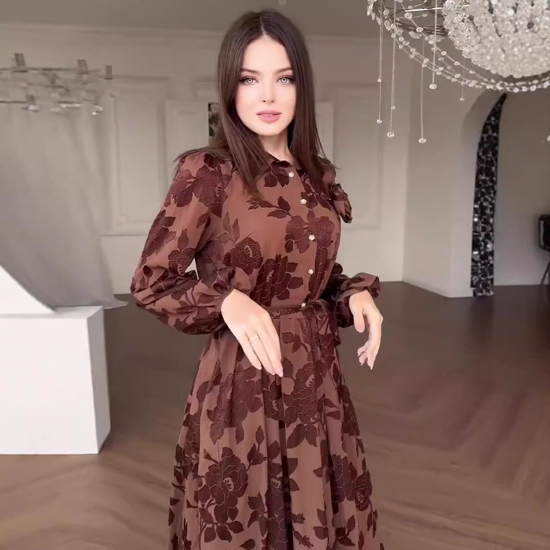 Autumn Women Clothing French Hepburn Jacquard Large Swing Dress