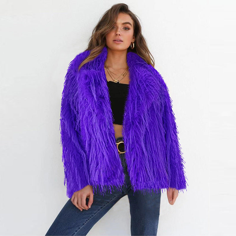 Short Solid Color Faux Fur Coat Women Autumn Winter Tassel Wool Coat