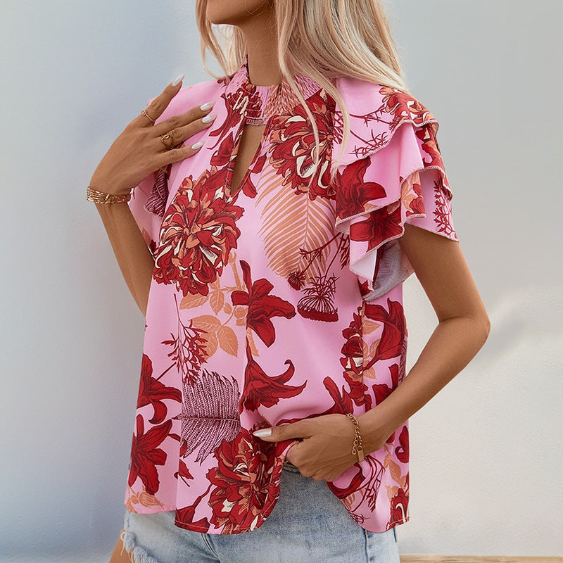 Camisa con estampado de hojas de loto y mangas a capas para mujer de verano