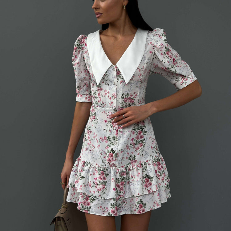 Robe fleurie d'été pour femmes de haute qualité à manches courtes avec col français et taille serrée et amincissante pour la pause thé