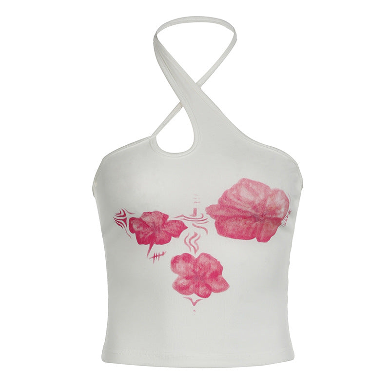 Top corto adelgazante sin espalda con estampado floral y cuello halter cruzado de punto personalizado con tirantes sexys