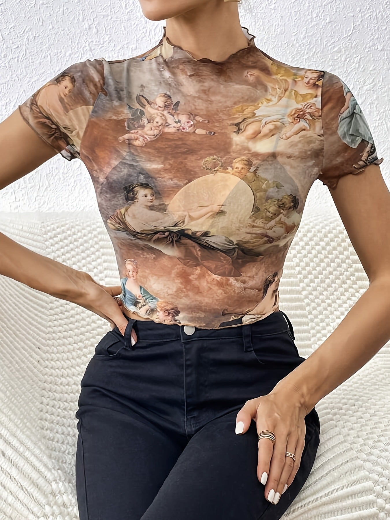 T-shirt à manches courtes en maille élégante à imprimé floral et à lisière filiforme Haut amincissant Vêtements pour femmes