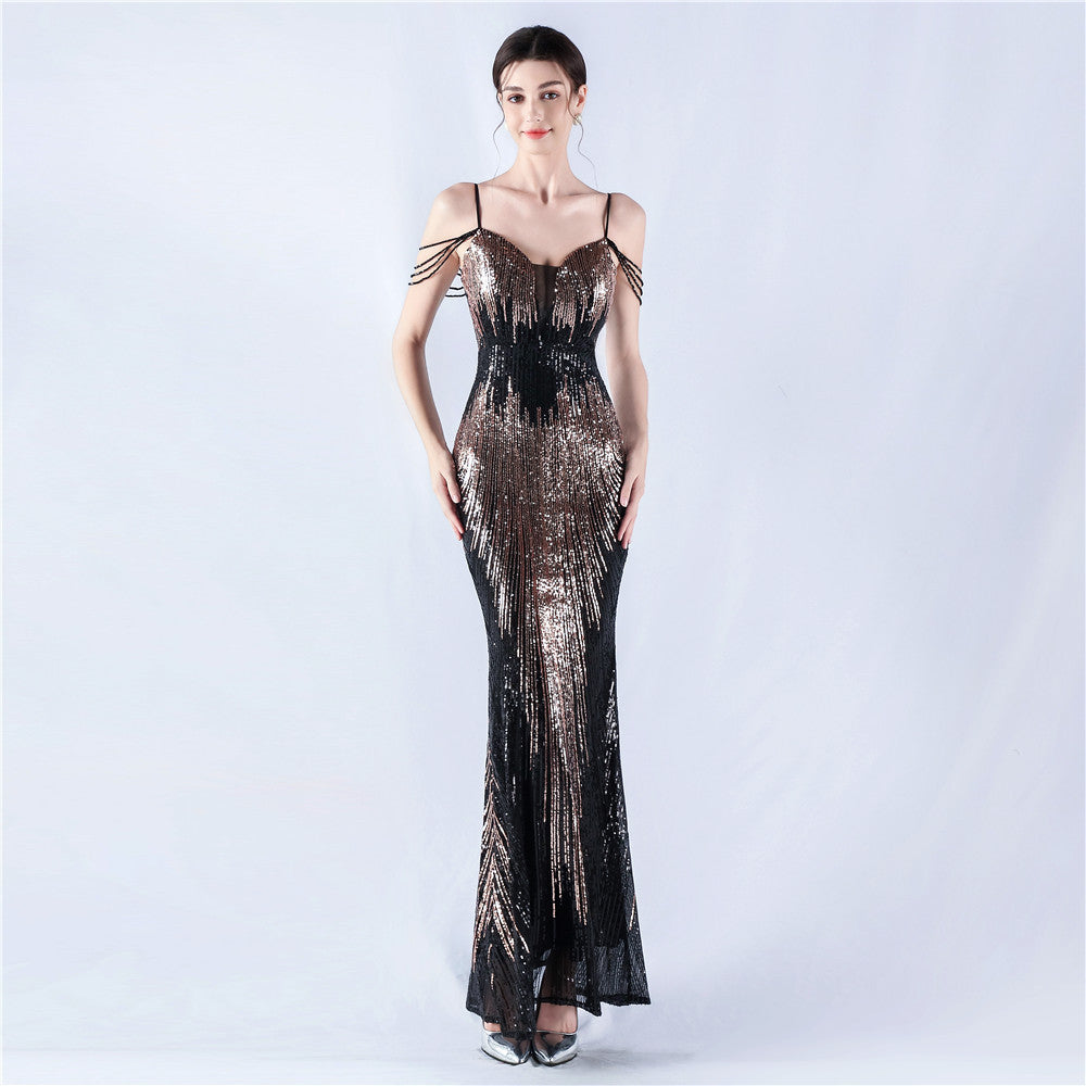 Dress Positioning Floral Sequin Craft Beaded Strap Evening Dress