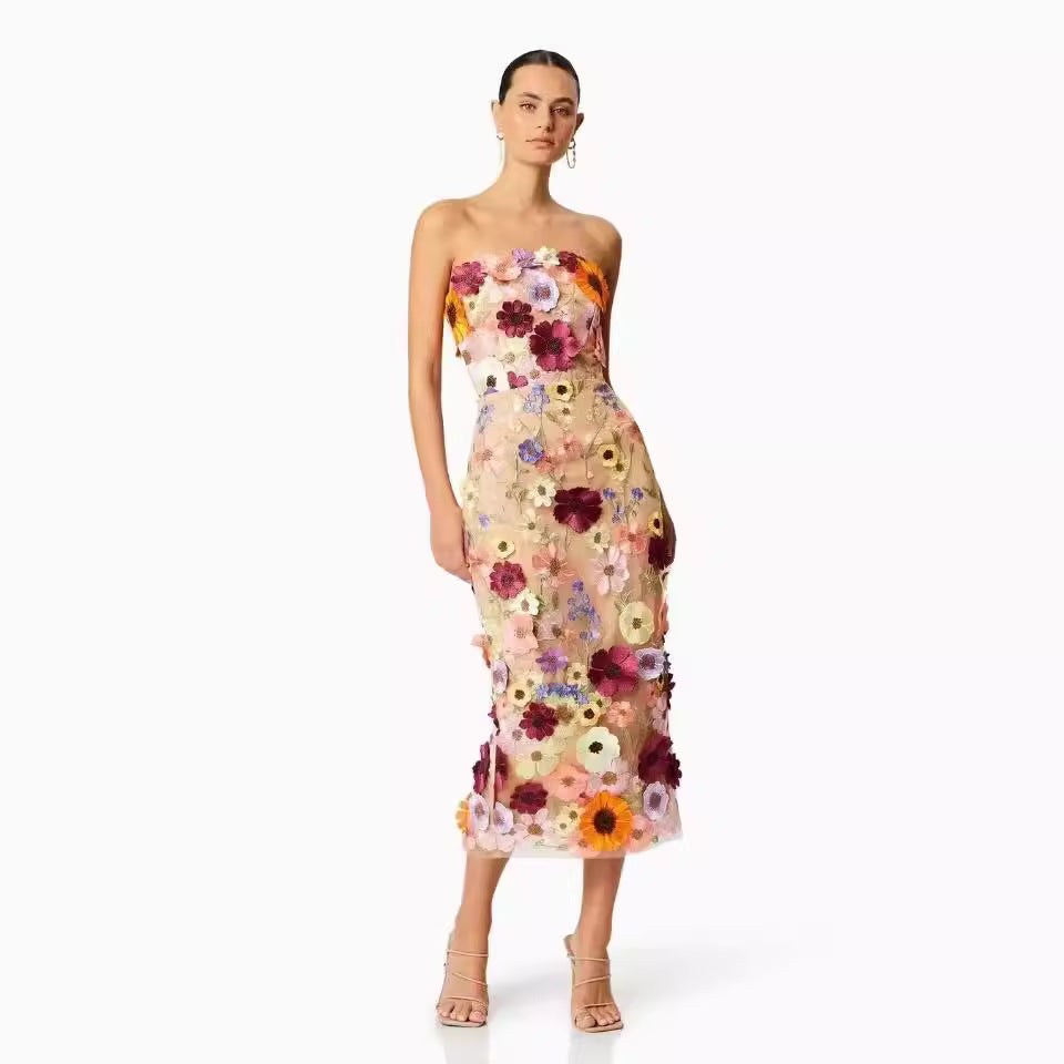 Robe bustier tubulaire Sexy sans manches, couleur tridimensionnelle, brodée de fleurs, Slim, européenne et américaine