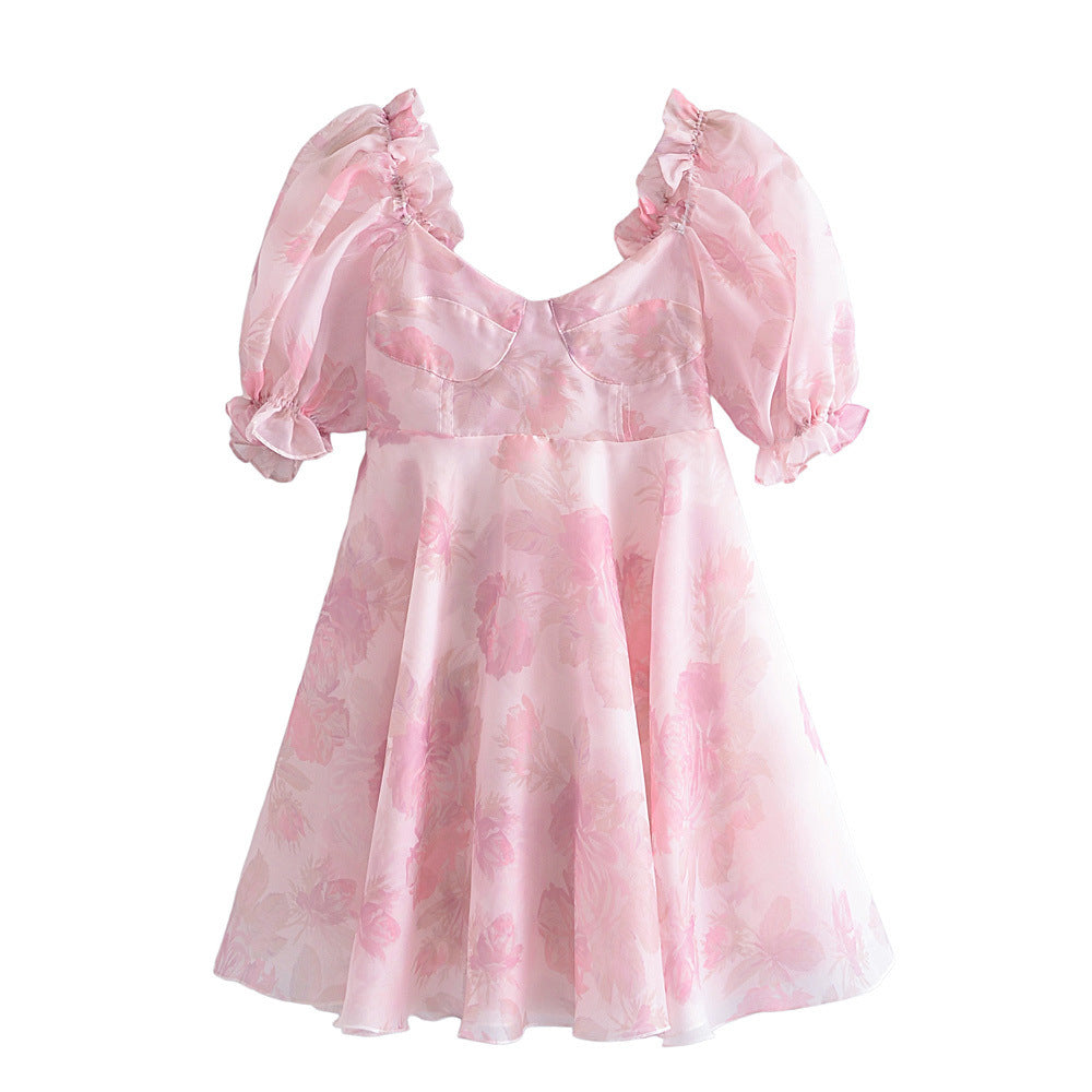 Robe de princesse rose à manches courtes en organza double couche printemps été transparente