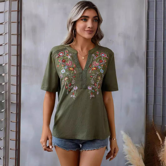 Blusa de encaje con cuello y costura bordada con diez mil agujas para mujer