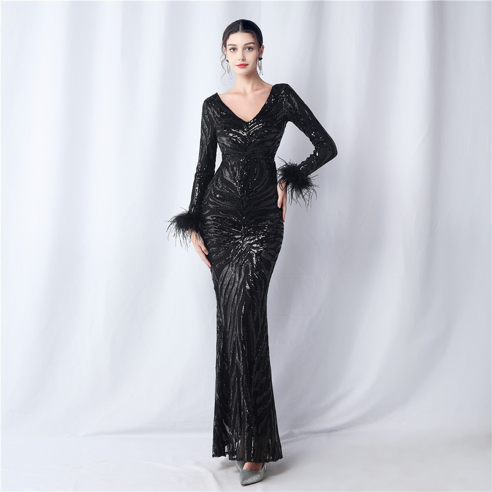 Craft Order Ostrich Feather Positioning Floral Cut Long Sleeve Sequin Evening Dress