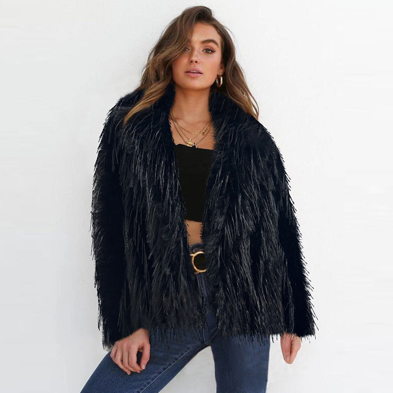 Short Solid Color Faux Fur Coat Women Autumn Winter Tassel Wool Coat