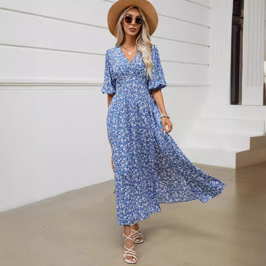 V Neck Lantern Sleeve Waist Tight Dress Seaside Vacation Bohemian Beach Dress