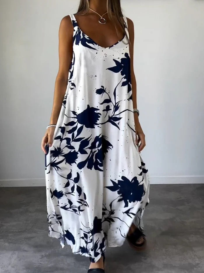 Vacation Dress Summer Printed Sling Backless V neck Dress