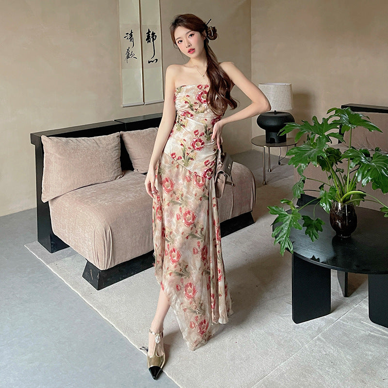 Robe longue sans bretelles à fleurs pour femmes