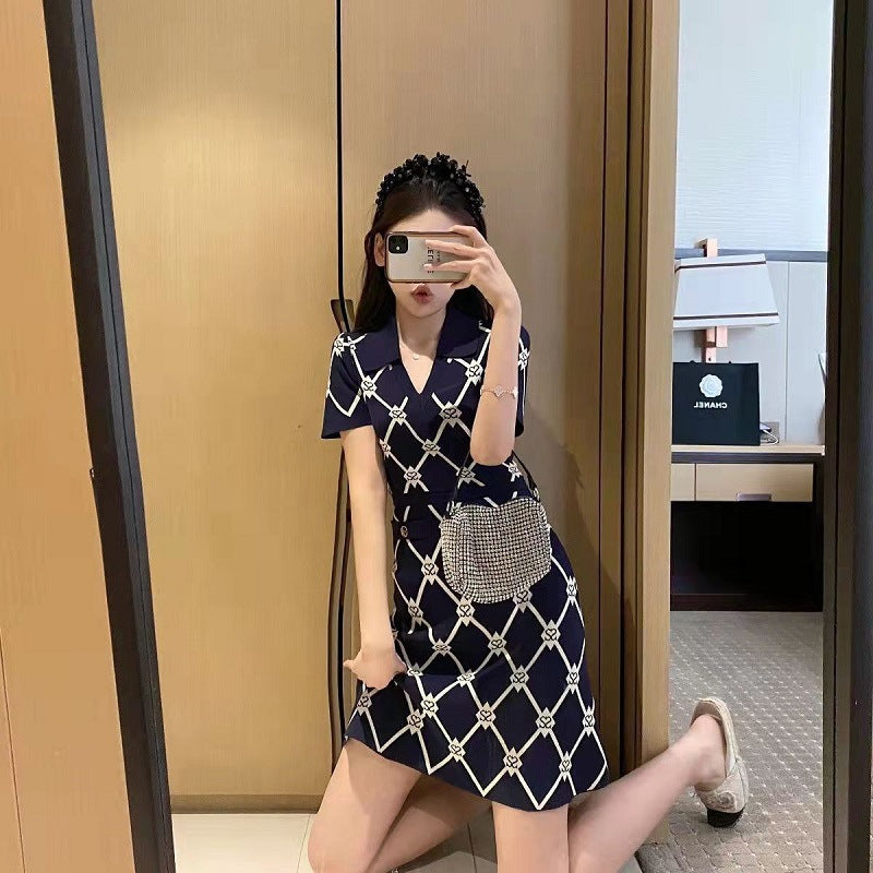 Letter Diamond Plaid Knitted Dress Women's V-neck Short Sleeve A- Line Skirt