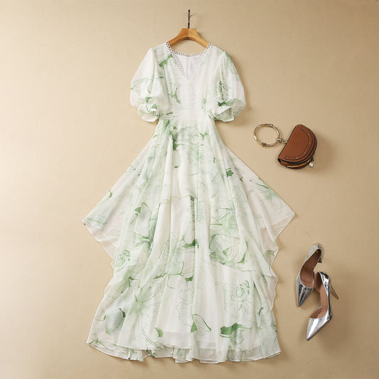 Circle V-neck Irregular Ruffles Big Swing Chiffon Dress