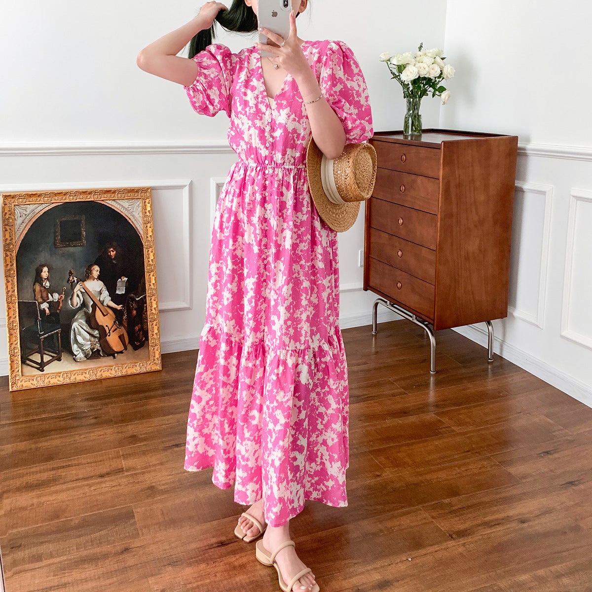 Printemps et été nouvelle robe longue superposée imprimée manches bouffantes Rose rouge