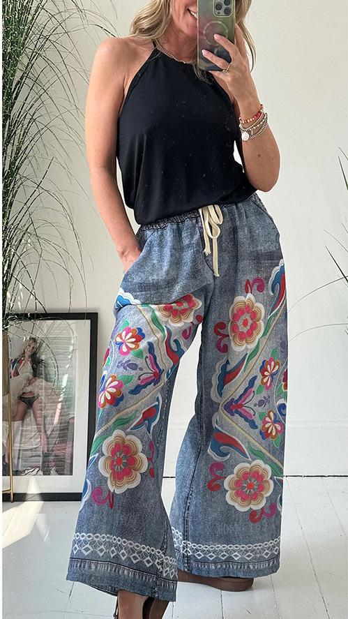 Pantalon décontracté ample à lacets pour femme, imprimé imitation denim, avec poches, printemps été