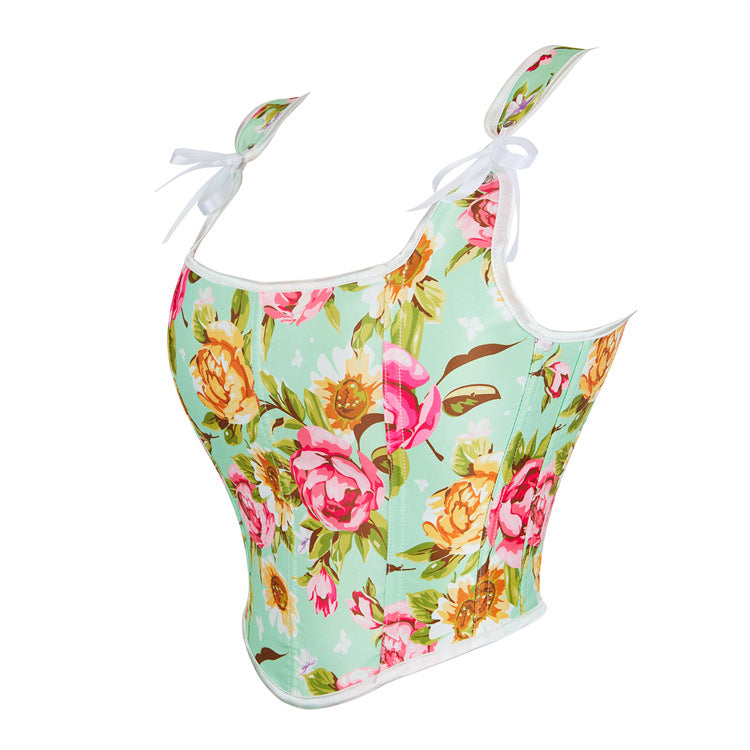 Green Floral Pattern Double Shoulder Strap Adjustable Women Tube Top Chest Support Court Body Shaping Top