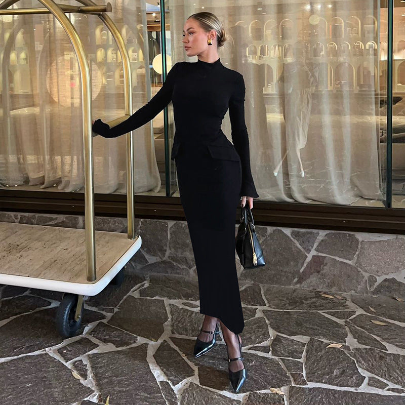 Vestido largo de otoño-invierno con cuello alto y mangas largas y abertura en la espalda para mujer