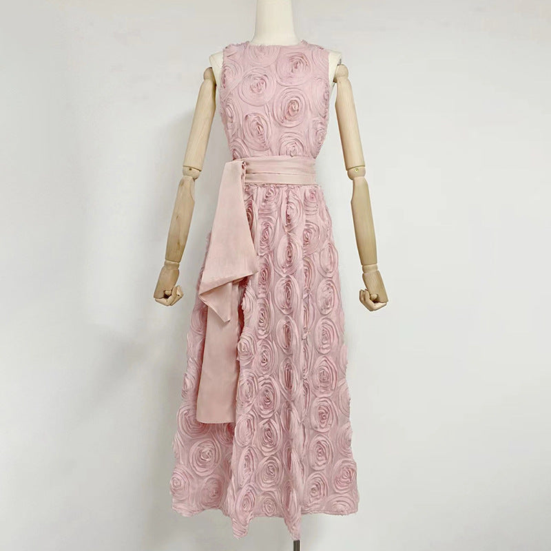 Belle robe d'été pour pause thé française, col rond, sans manches, taille amincissante, motif Floral tridimensionnel, pour femmes