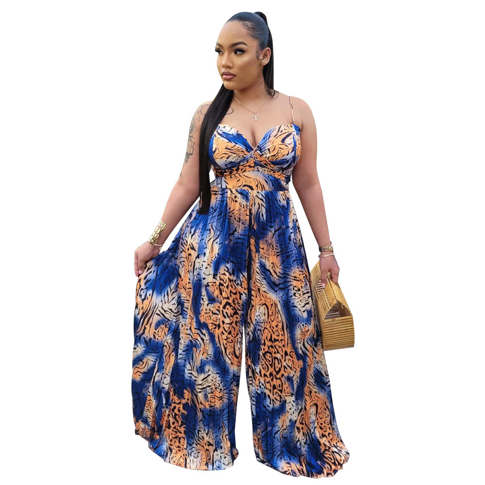 Women Wear Floral Print Sling Pleated Jumpsuit