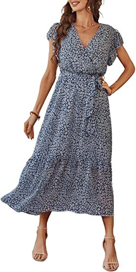 Robe à fleurs pour femmes, col en V, manches courtes