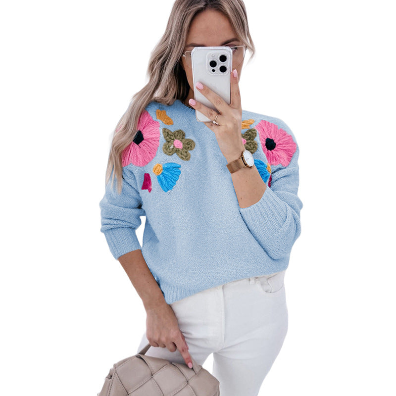 Suéter de punto con cuello redondo para mujer, con bordado floral y todo a juego, para verano