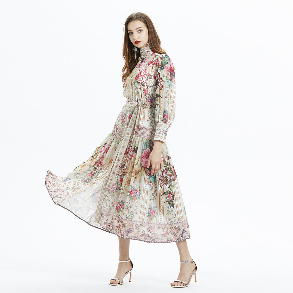 Lantern Sleeve Printed Long Sleeve Elegant Ruffle Long Dress Chiffon Two-piece Set