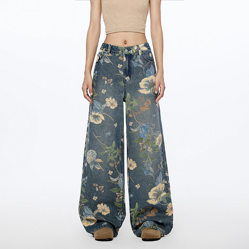 Pantalones vaqueros de pierna ancha con estampado floral de High Street para mujer, holgados, de nueve puntos, con una boca y dos piernas