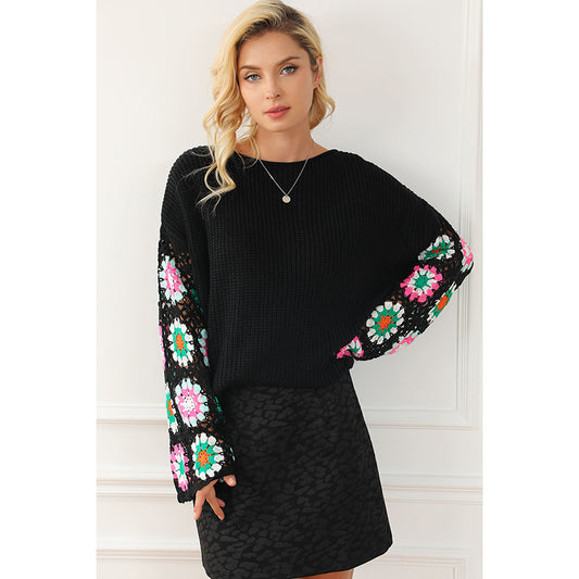 Autumn Winter Floral Crochet Knitted Head Sweater Women Casual Loose Sweater Women