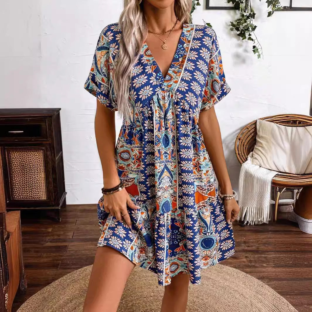 Ladies Vintage Floral Printed V neck High Waist Batwing Sleeve Holiday Dress