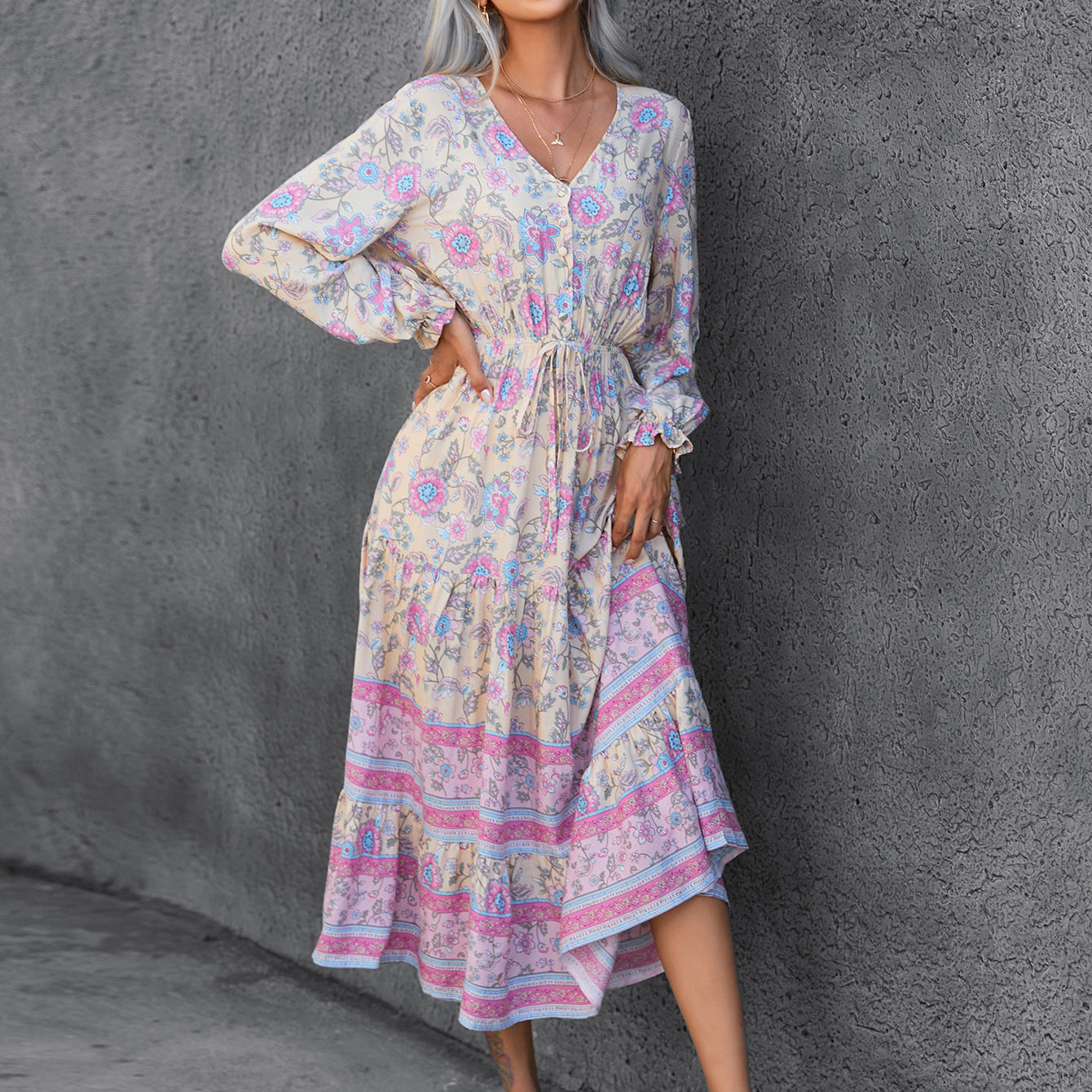 Autumn Winter Bohemian Casual Vacation Long Sleeve Positioning Printing Large Swing Dress