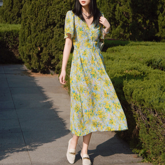 Robe longue à manches feuille de Lotus, col en v, taille française, jupe florale, nouvelle collection printemps et été