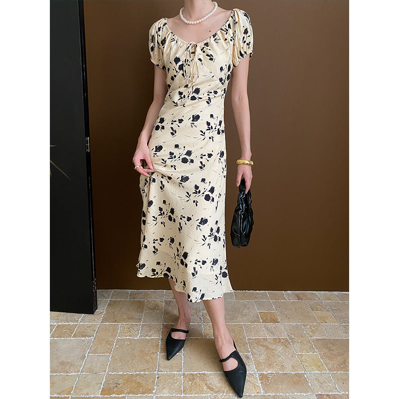 Vacation Puff Sleeve Floral Square Collar Lace Up Dress Early Spring