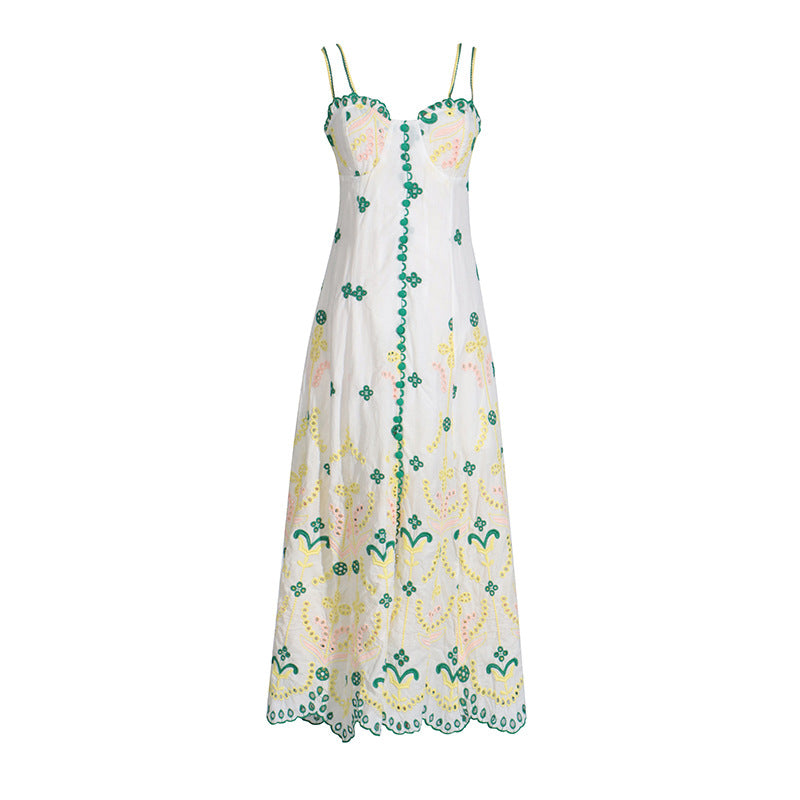 Robe de vacances pour femmes, vêtements d'été, bretelles, col en V, broderie florale, robe mi-longue trapèze