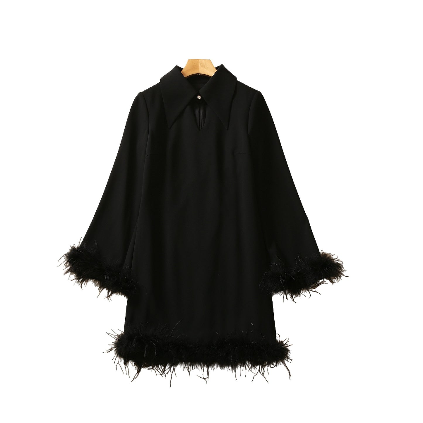 Lapel Feather Long Sleeve Dress