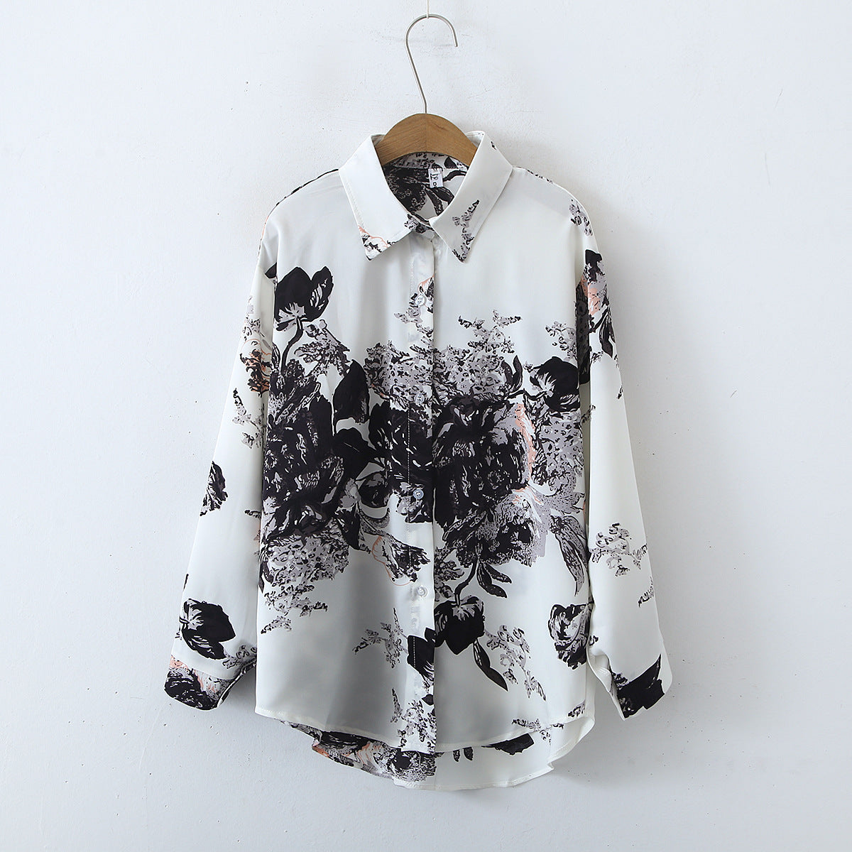 Autumn Korean Retro Simple Printed Long Sleeve Satin Shirt Women