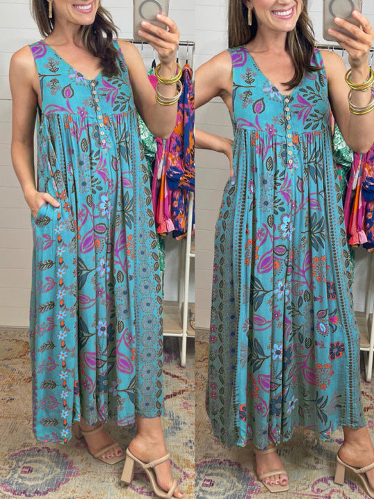 Summer Women Clothing Vintage Printed Loose Sleeveless Jumpsuit