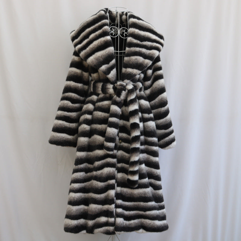 Women Fur Coat Mink Fur Long Cut Coat Winter Warm Large Collared Zebra Prints Belt Trench Coat