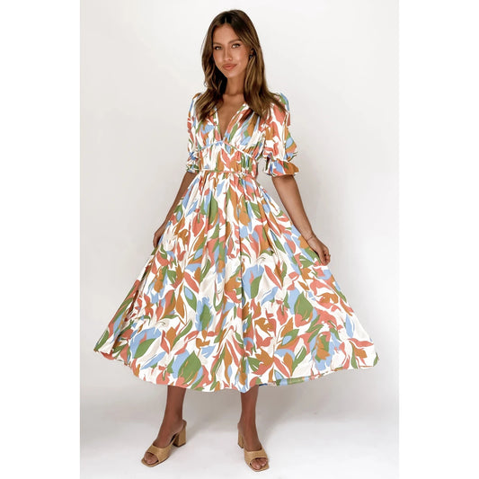 Robe mi-longue fraîche et douce à imprimé floral numérique printemps-été