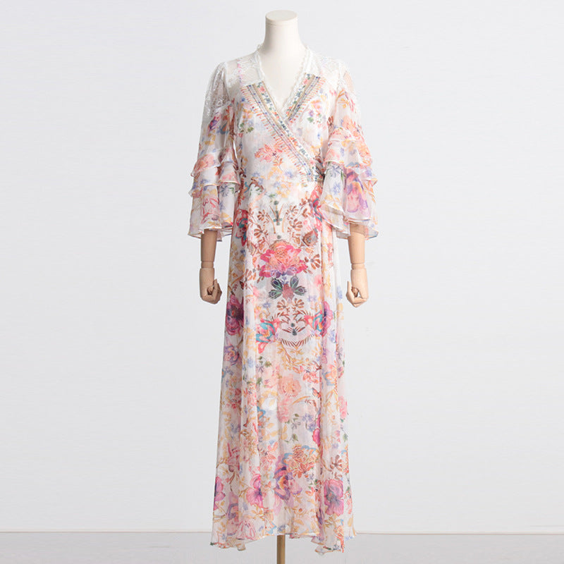 Robe féerique de vacances en bord de mer, col en v, taille à lacets, amincissante, imprimé Floral, Maxi, printemps