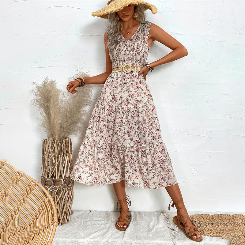 Vestido largo sin mangas ajustado con volantes y estampado Floral para mujer, vestido largo con gradas de diseño para primavera y verano, sin cinturón